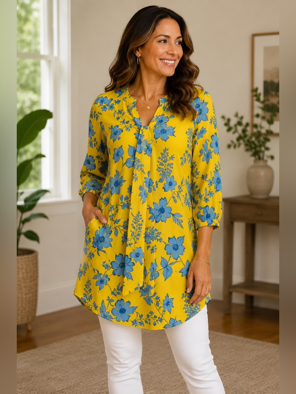 Cabi Yellow Blue Floral Tunic Dress XS Tie Neck Boho 3/4 Sleeve Chic Style